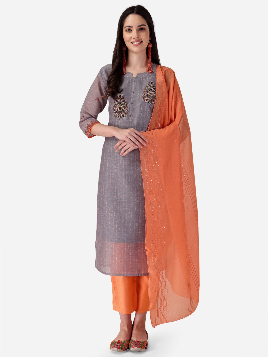 

STYLE SAMSARA Floral Embroidered Regular Sequinned Kurta With Trousers & Dupatta, Grey