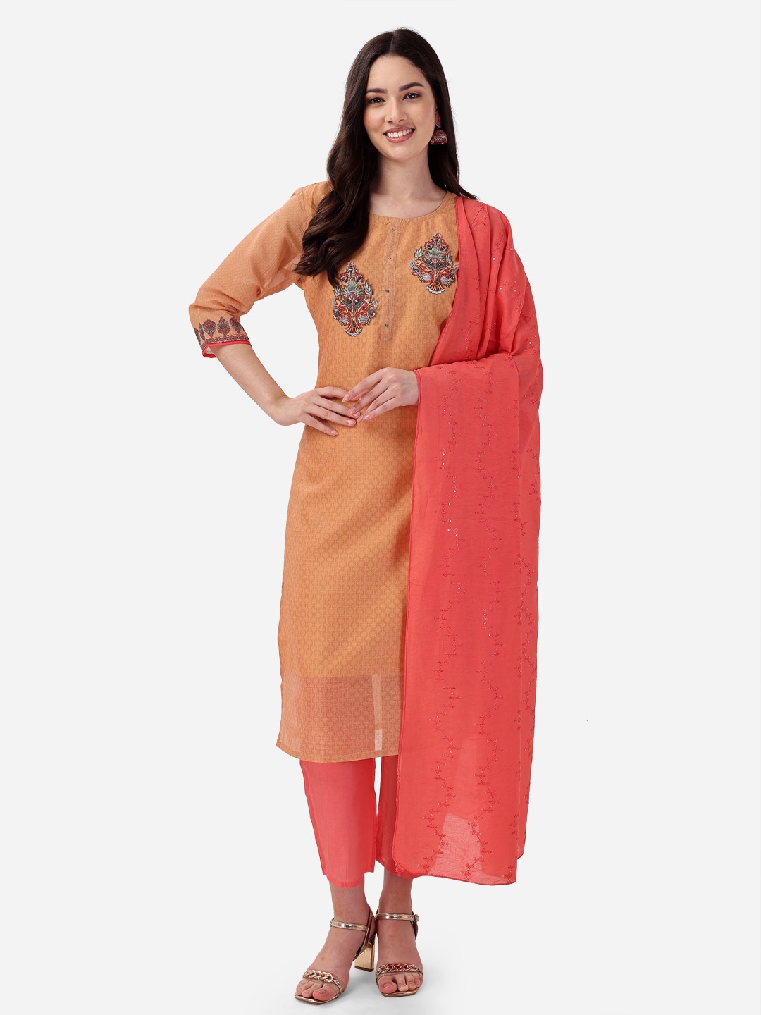 

STYLE SAMSARA Floral Embroidered Regular Sequinned Kurta With Trousers & Dupatta, Mustard