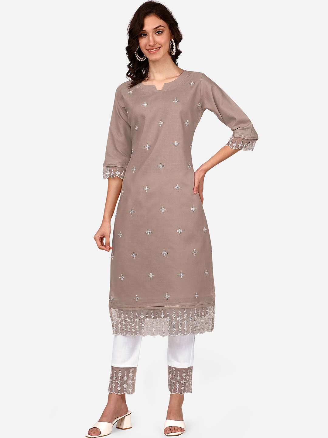 

STYLE SAMSARA Floral Embroidered Regular Thread Work Kurta With Trousers, Brown