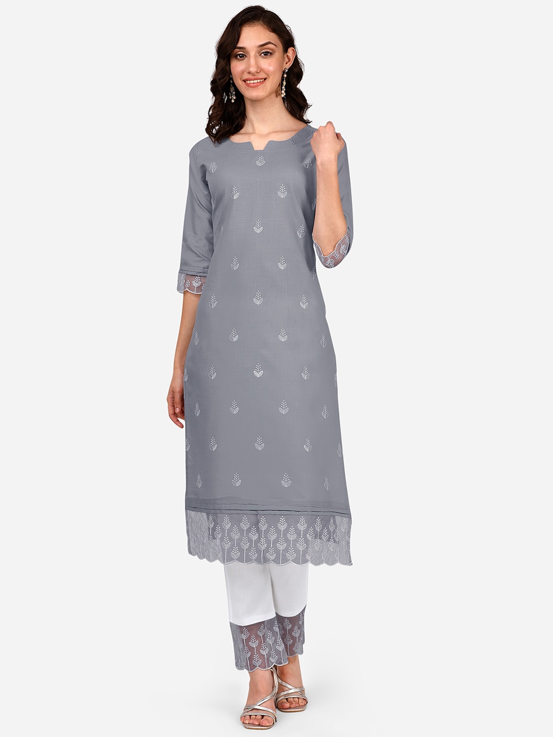 

STYLE SAMSARA Floral Embroidered Regular Thread Work Kurta With Trousers, Grey
