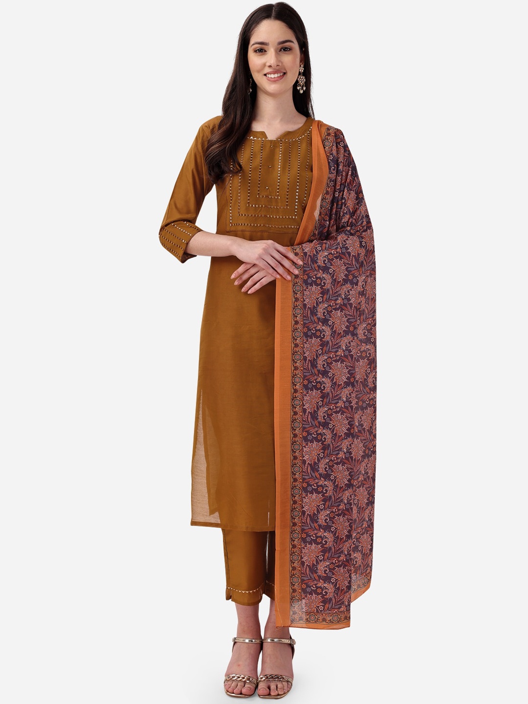 

STYLE SAMSARA Yoke Design Thread Work Straight Kurta & Trousers With Dupatta, Mustard