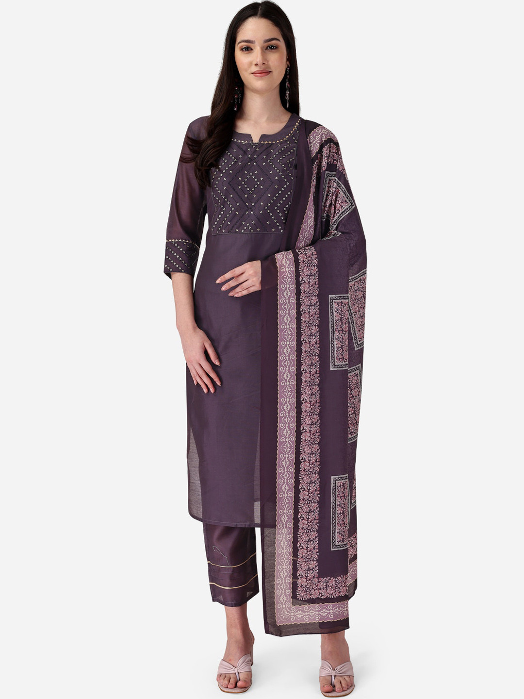

STYLE SAMSARA Yoke Design Thread Work Straight Kurta & Trousers With Dupatta, Purple