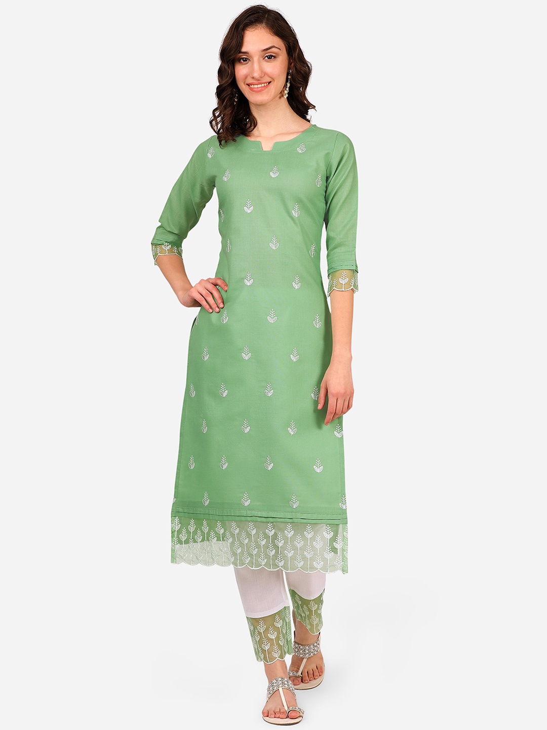 

STYLE SAMSARA Floral Embroidered Straight Kurta With Trousers, Green