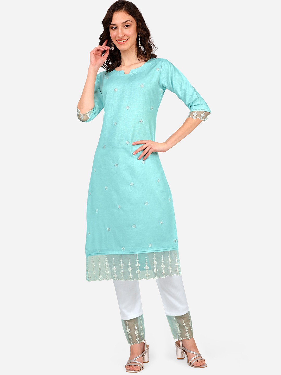 

STYLE SAMSARA Floral Embroidered Straight Kurta With Trousers, Blue
