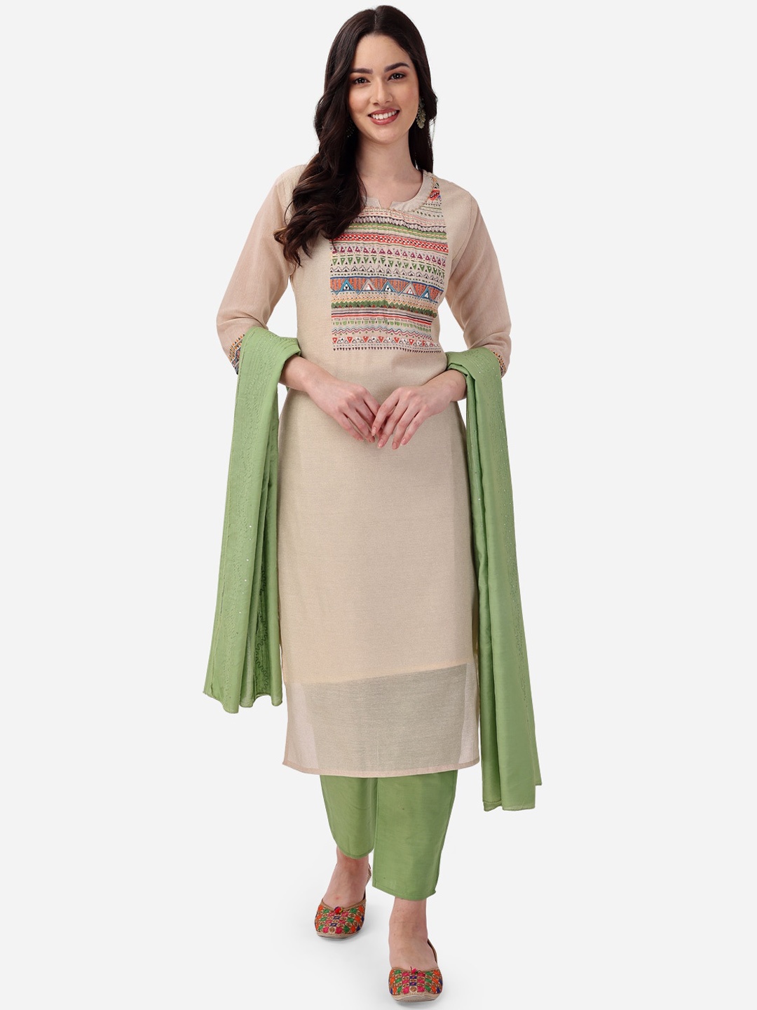 

STYLE SAMSARA Yoke Design Thread Work Straight Kurta & Trousers With Dupatta, Cream