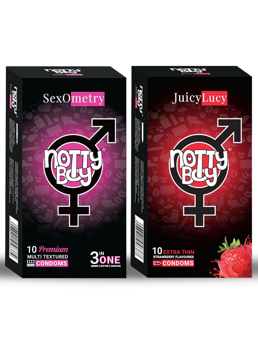 

noTTy Boy Men Set of 3-In-1 Ribbed Dotted & Strawberry Flavoured Condoms - 10 pcs each, Red