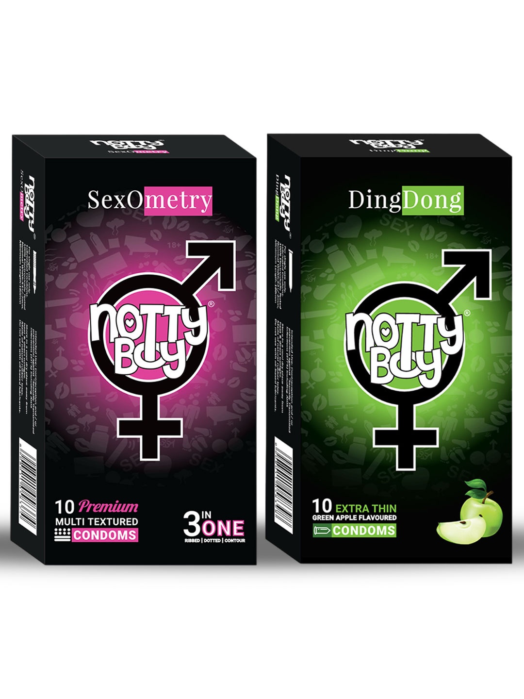 

noTTy Boy Ding Dong Green Apple Flavoured & Sex-O-Metry 3-In-One Condoms - 10Pcs Each, Purple