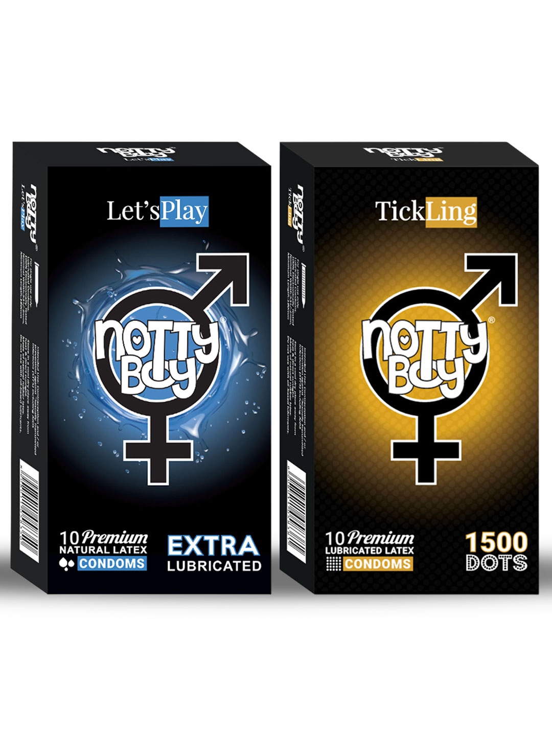 

noTTy Boy Set Of Tick Ling 1500 Dots & Lets Play Extra Lubricated Condoms - 10Pcs Each, Yellow