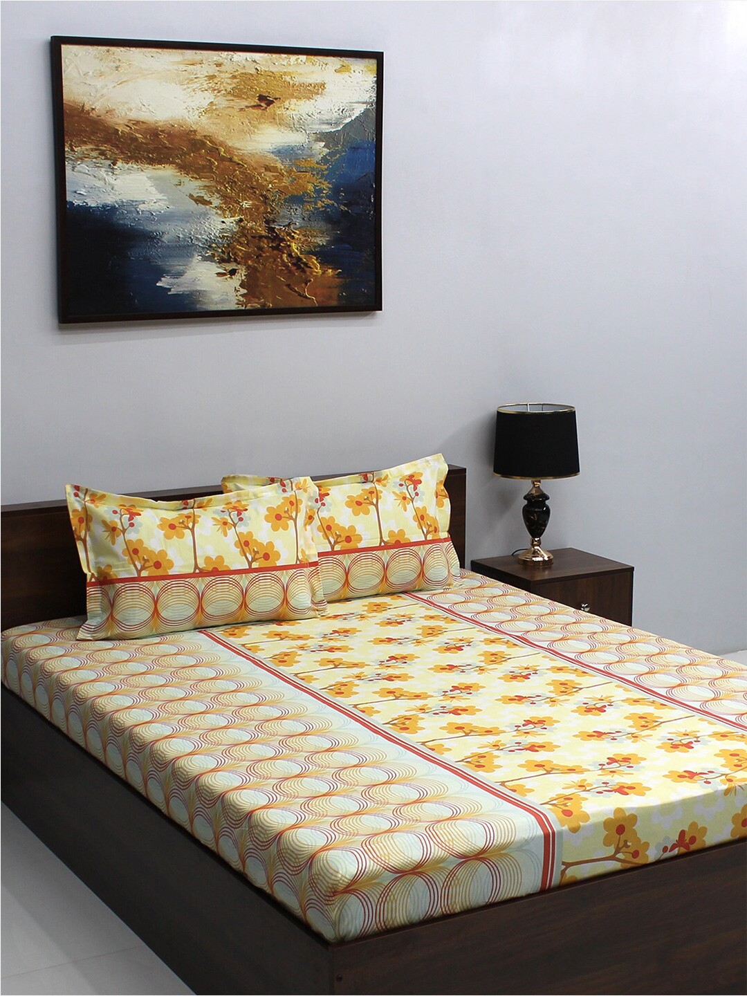 

BOMBAY DYEING Ivyrose Yellow & White Floral Cotton 110 TC Queen Bedsheet & 2 Pillow Covers