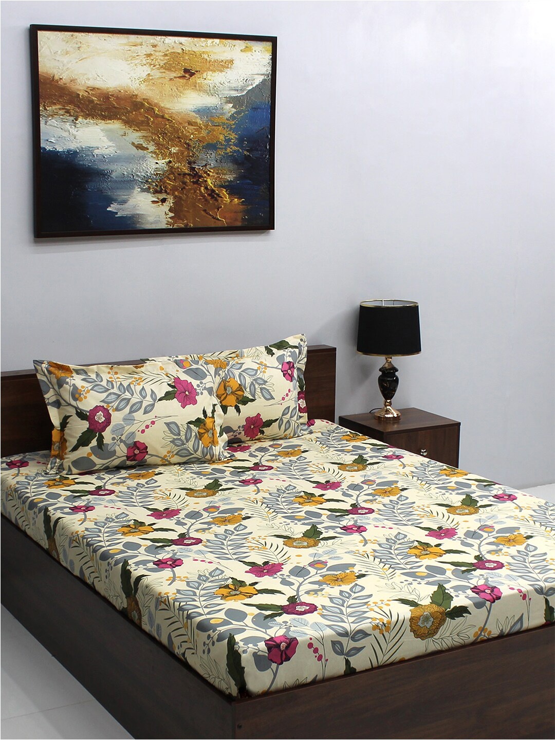 

BOMBAY DYEING Ivyrose Yellow & Grey Floral 110 TC Queen Bedsheet & 2 Pillow Covers