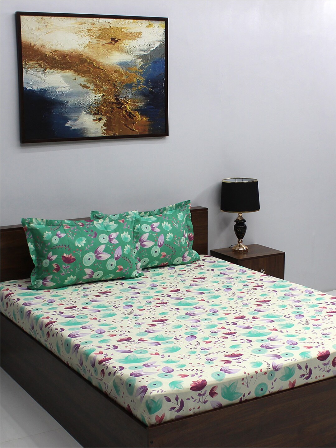 BOMBAY DYEING Ivyrose Green & Purple Floral Cotton 110 TC Queen Bedsheet & 2 Pillow Covers