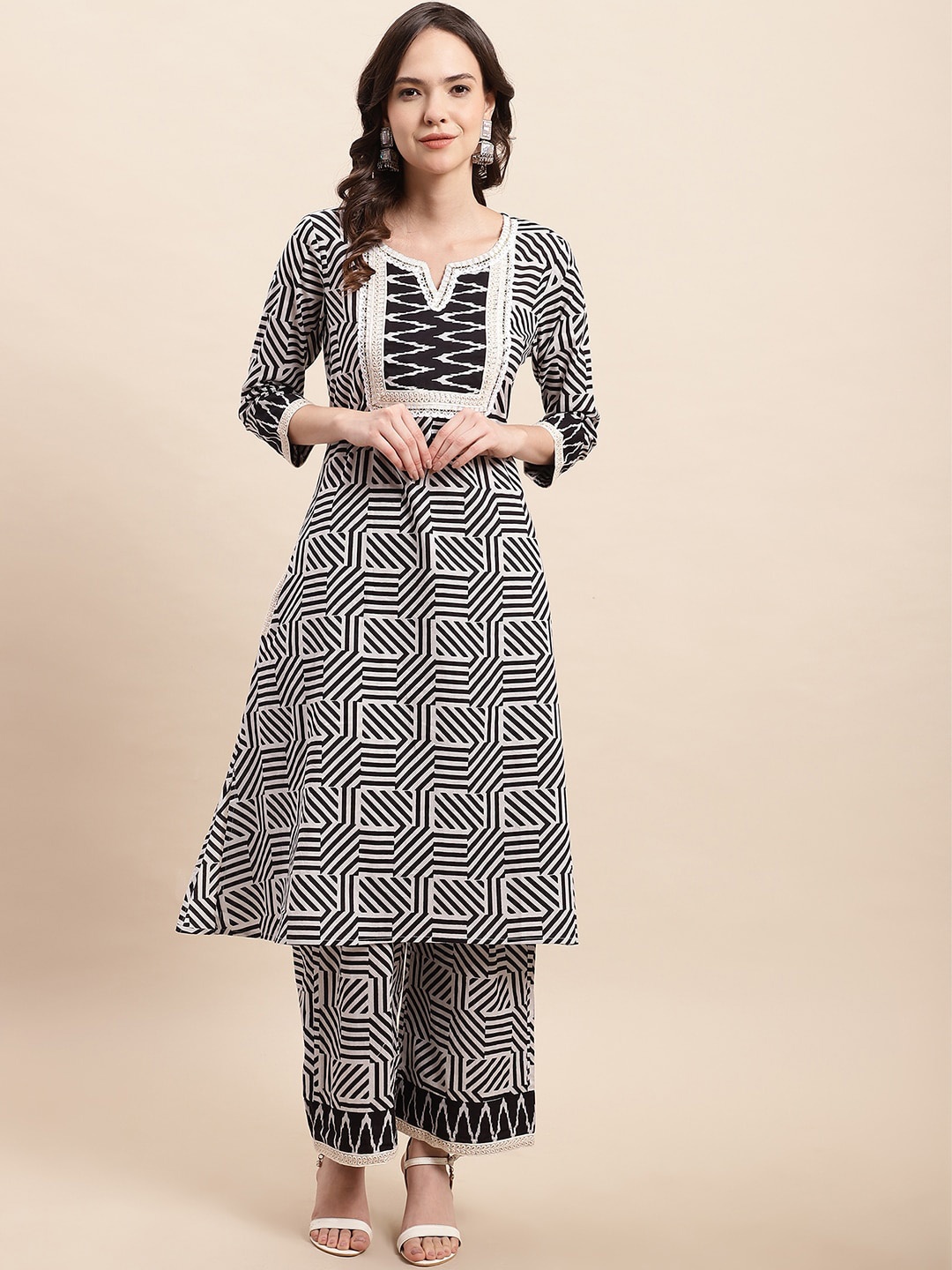 

KALINI Geometric Printed Thread Work Pure Cotton Kurta With Palazzos, Black