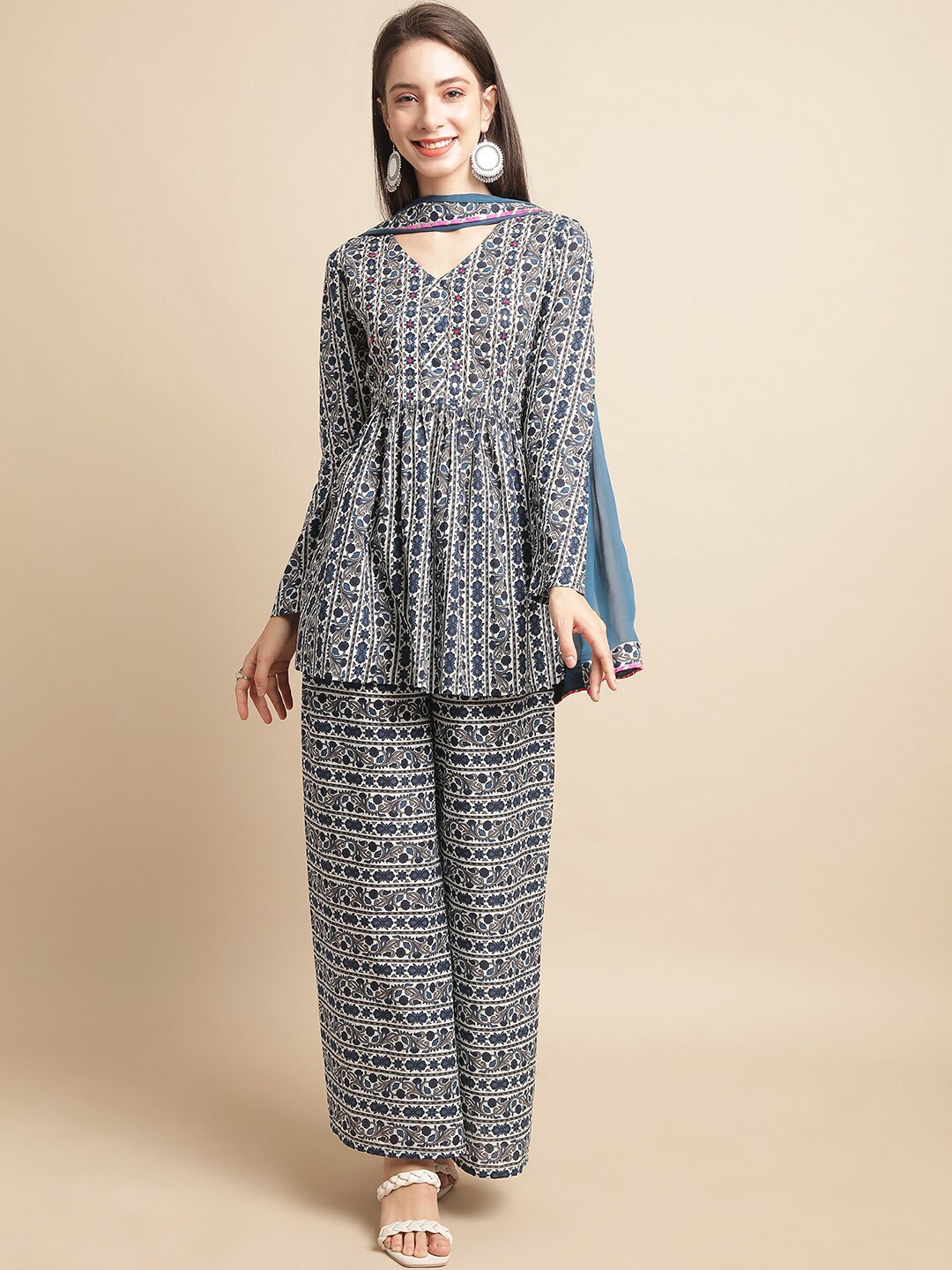 

KALINI Ethnic Motifs Printed A-Line Pure Cotton Kurti & Palazzos With Dupatta, Blue