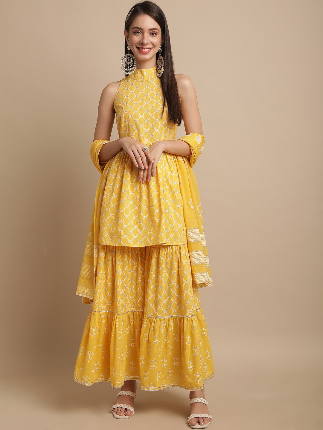 

KALINI Ethnic Motifs Printed Pure Cotton A-Line Kurti & Sharara With Dupatta, Yellow