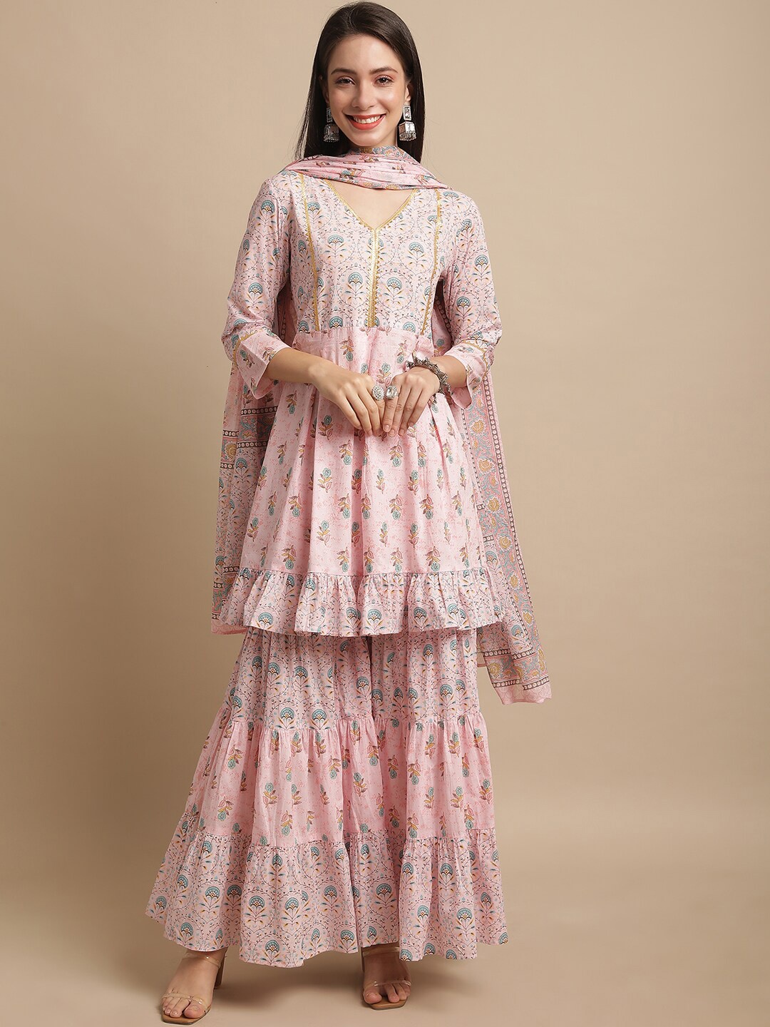 

KALINI Floral Printed Empire Gotta Patti Pure Cotton Kurta With Sharara & Dupatta, Pink