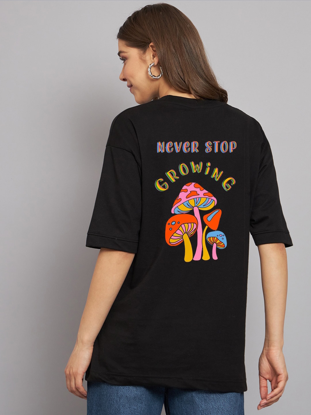 

Imsa Moda Women Blue Typography Printed Hooded Applique Loose T-shirt