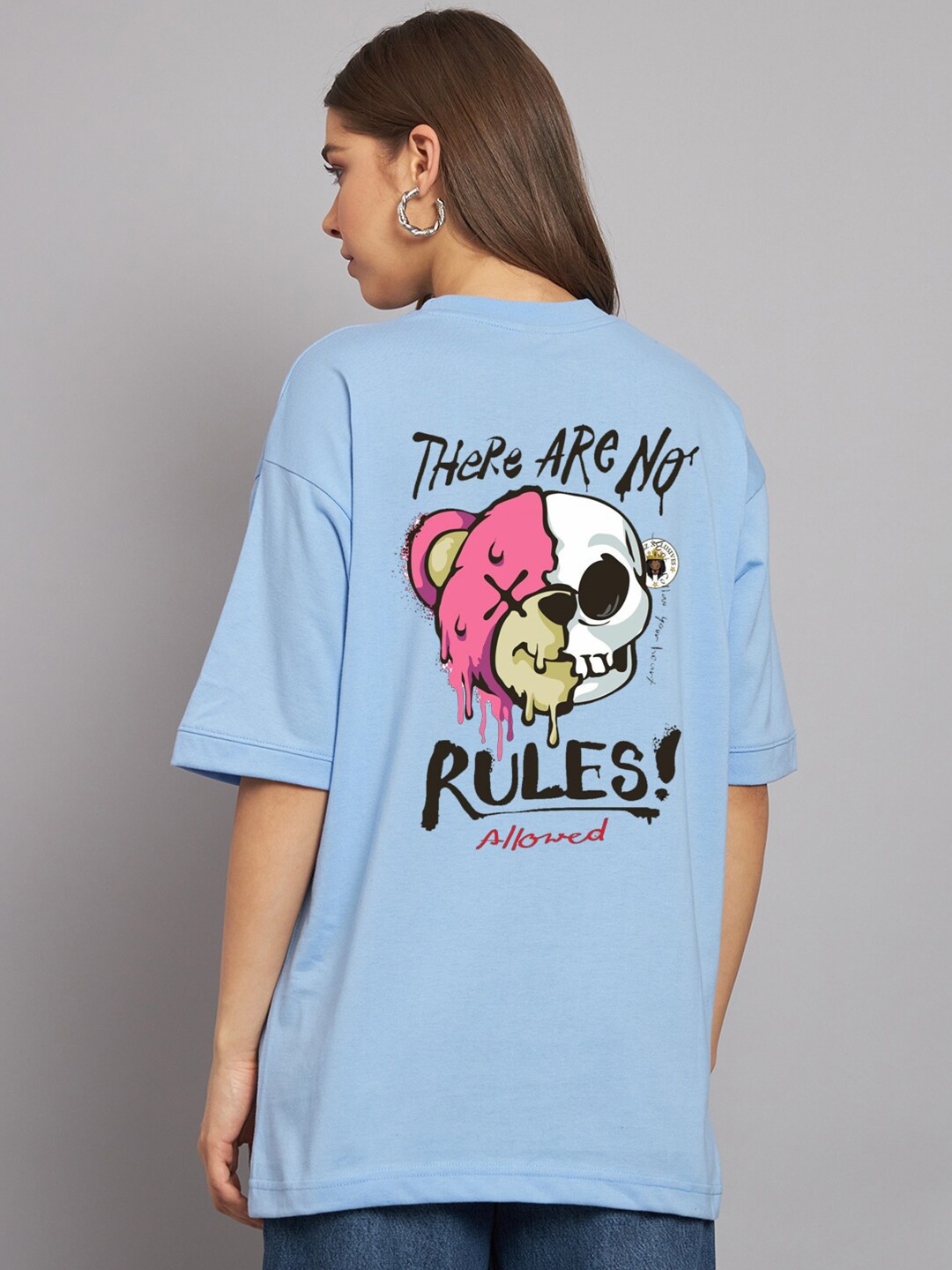 

Imsa Moda Graphic Printed Drop Shoulder Sleeves Oversized Cotton T-shirt, Blue