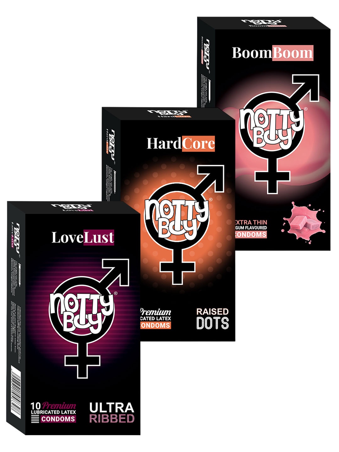 

noTTy Boy Set of Hard Core + Boom Boom + Love Lust Condoms - 10 Pcs Each, Black