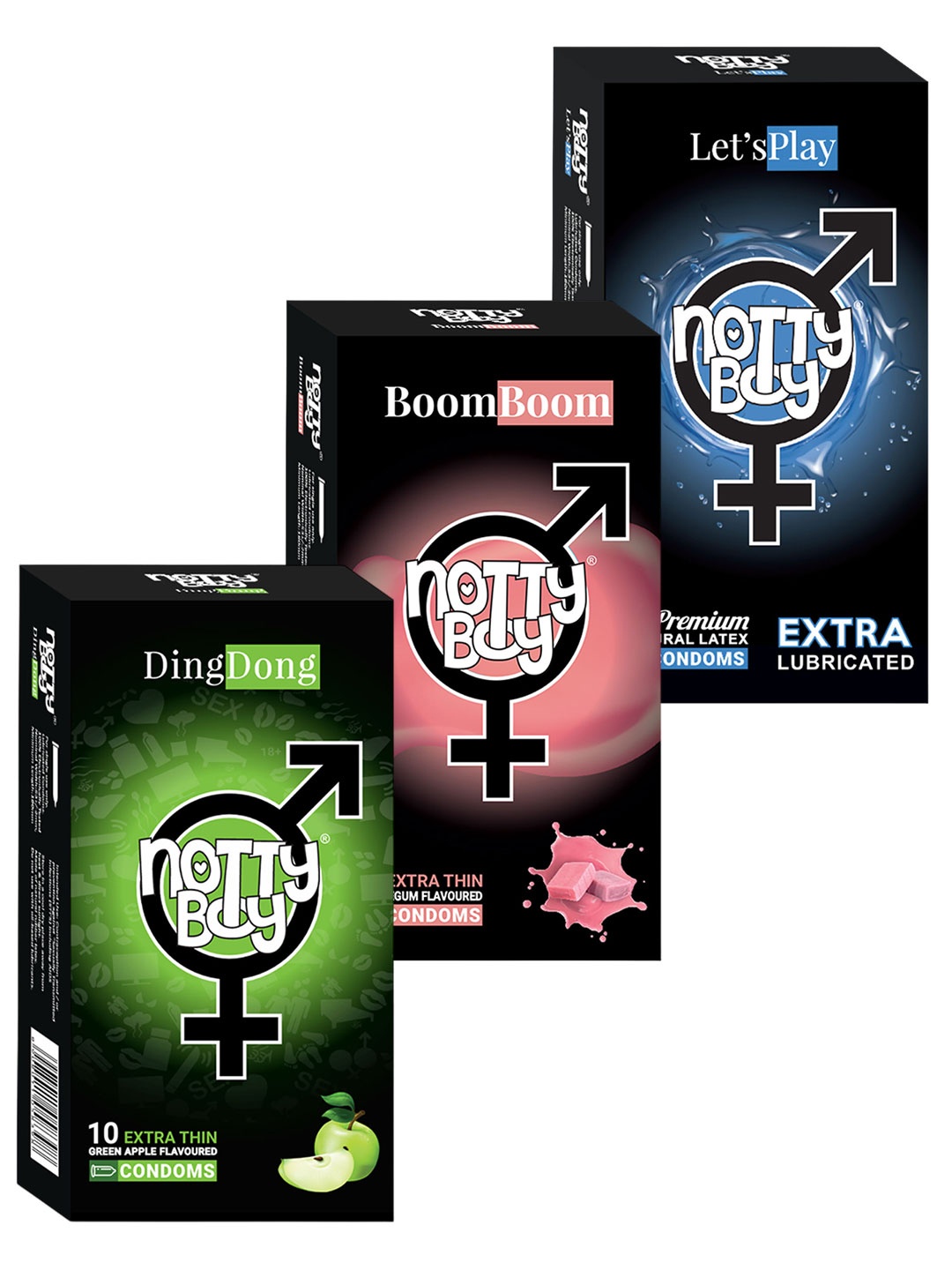 

Notty Boy Set Of 3 - Bubblegum and Green Apple Flavour Condoms 10 Pcs Each, Multi