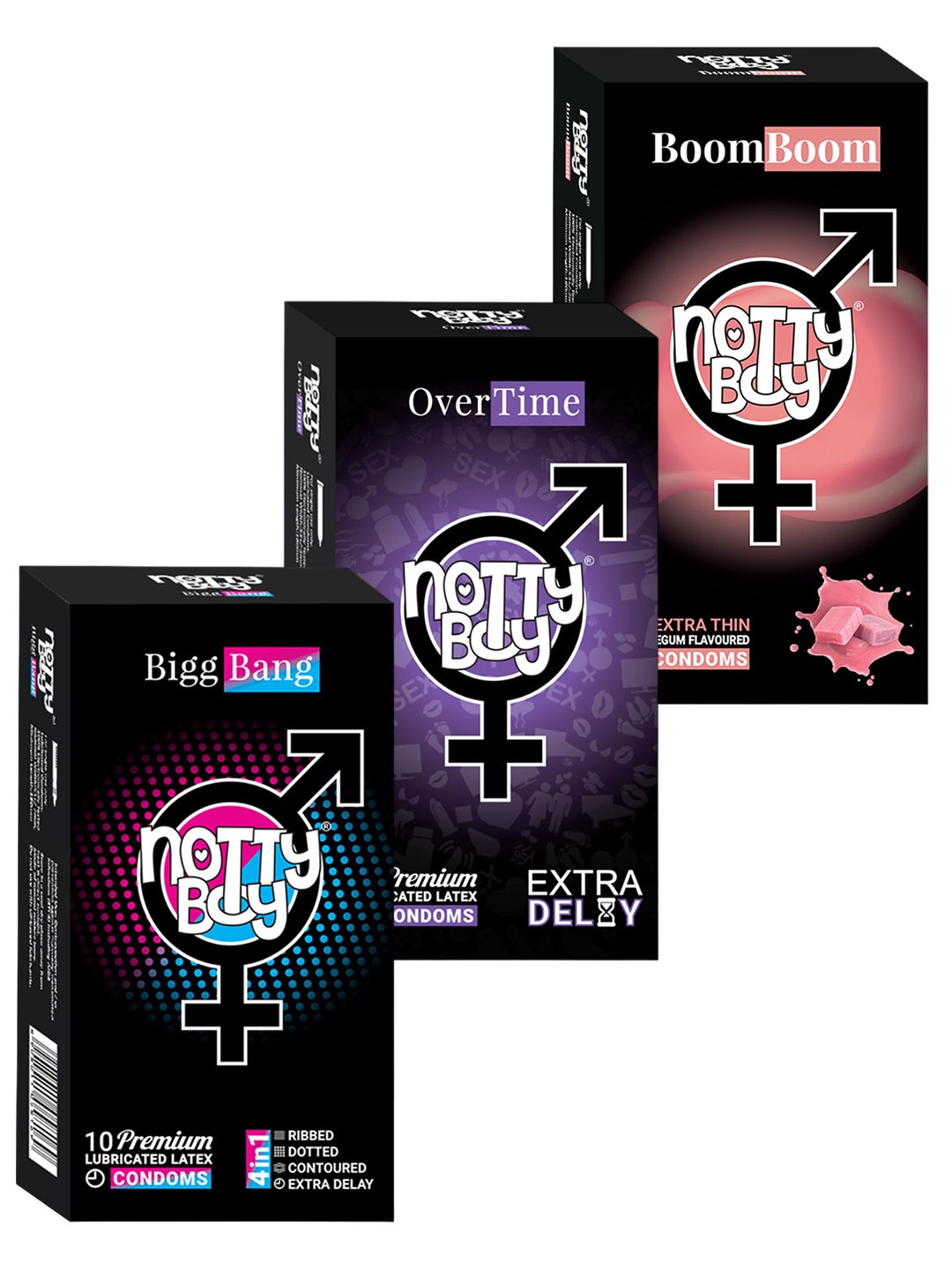 

4IN 1 Ribbed, Delay, Contour, Dotted and Extra Bubblegum Flavour Condoms - Pack of 3, 30 P, Multi