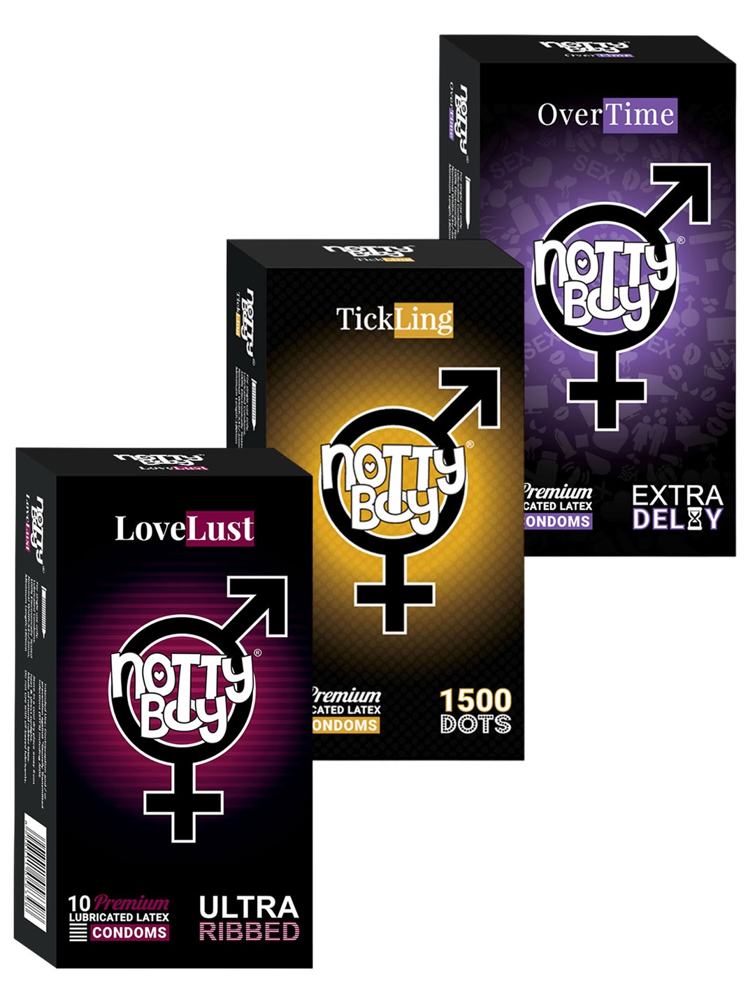 

noTTy Boy Men Set of OverTime + LoveLust + TickLing Lubricated Condoms - 10 pcs each, Purple