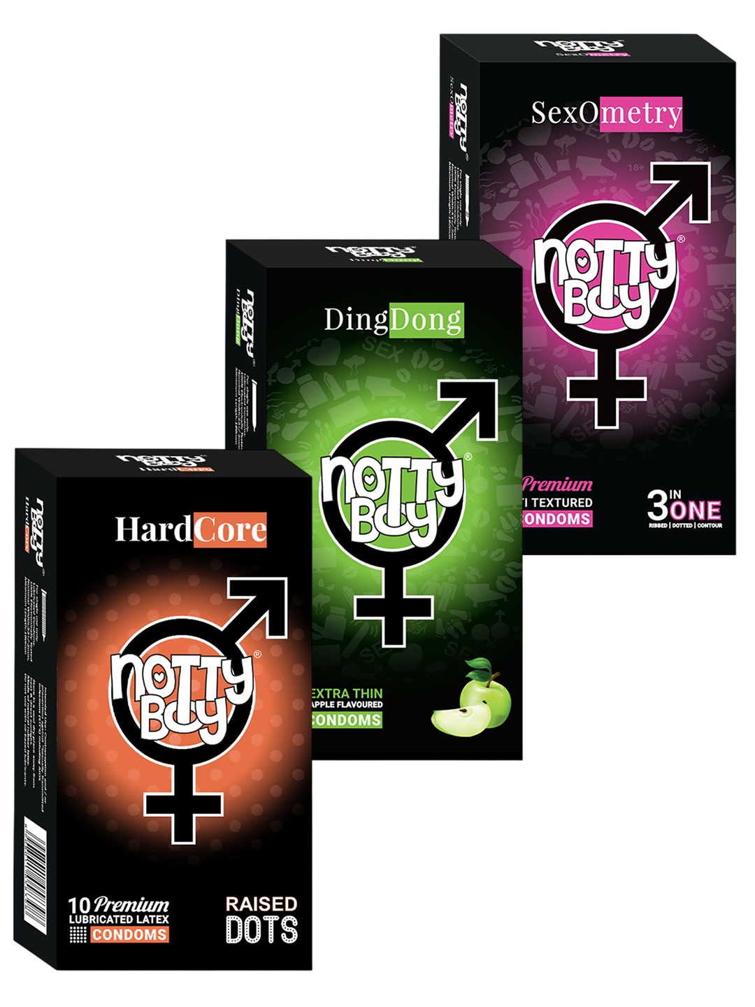 

noTTy Boy Men Set of HardCore + DingDong + SexoMetry Lubricated Condoms - 10 pcs each, Orange