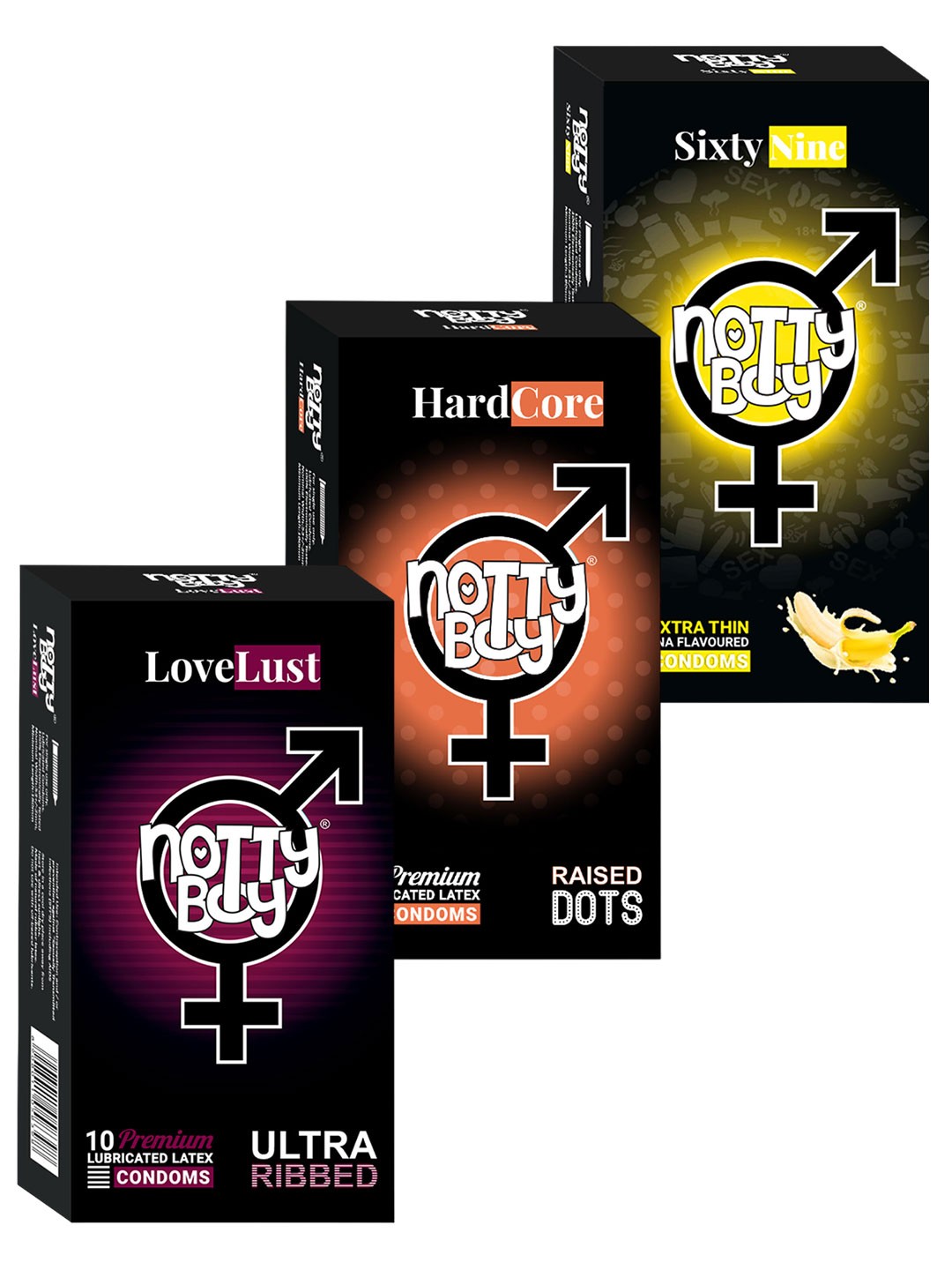 

noTTy Boy Men Set of HardCore + LoveLust + SixtyNine Lubricated Condoms - 10 pcs each, Purple