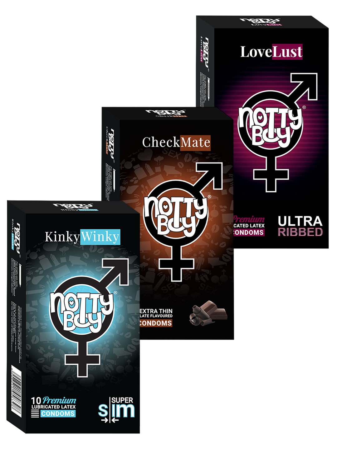 

noTTy Boy Men Set of KinkyWinky + CheckMate + LoveLust Lubricated Condoms - 10 pcs each, Multi