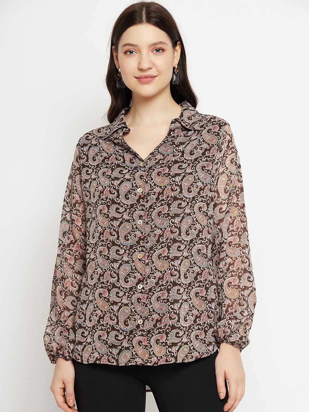 

Bitterlime Paisley Printed Smart Opaque Georgette Casual Shirt, Brown