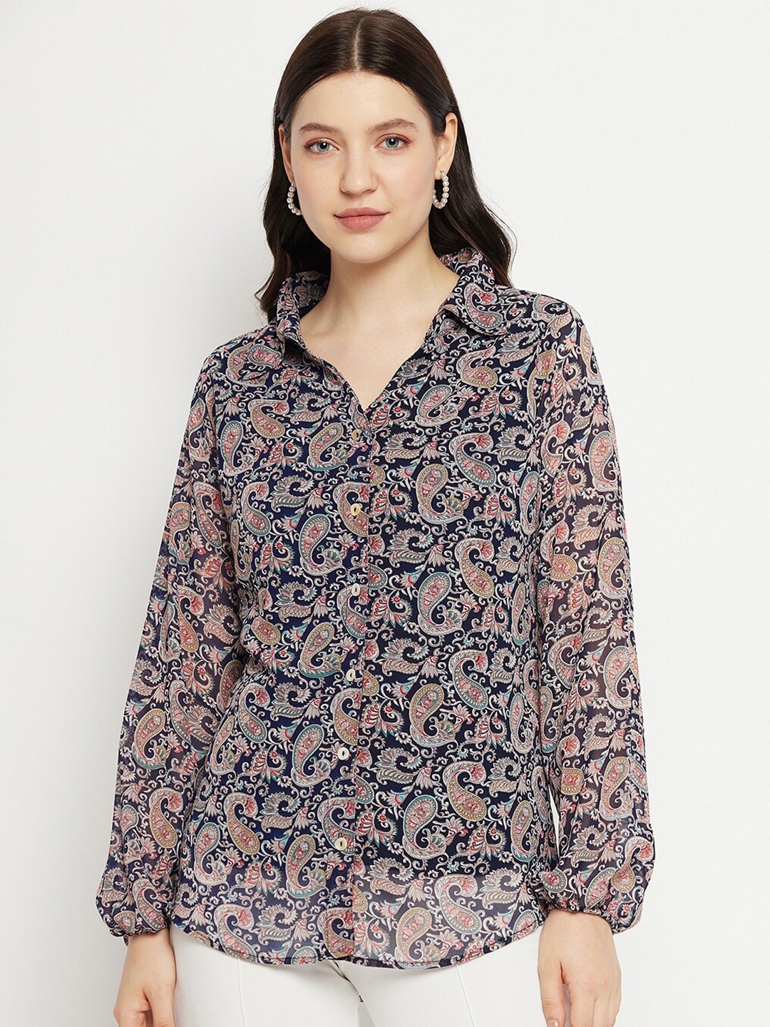 

Bitterlime Paisley Printed Smart Opaque Georgette Casual Shirt, Navy blue