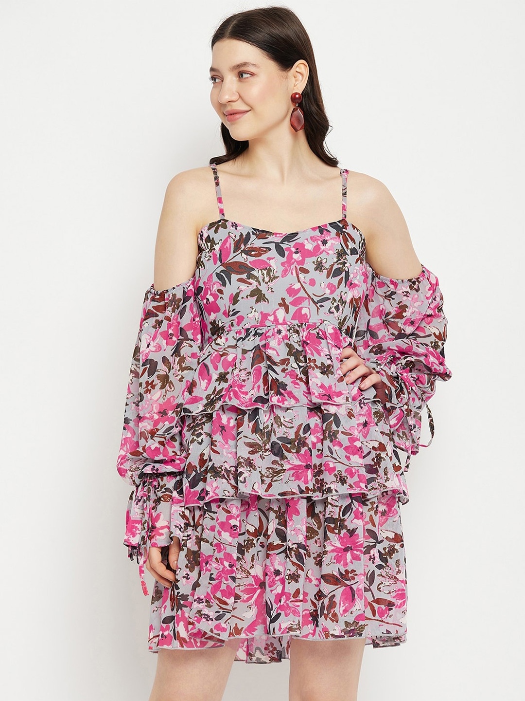 

Bitterlime Floral Printed Cold-Shoulder Sleeves Layered Georgette Dress, Grey
