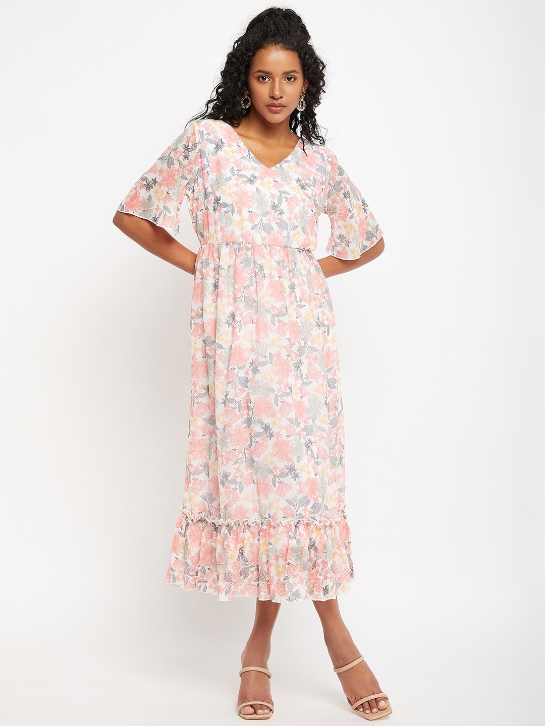 

Bitterlime Floral Printed V-Neck Flared Sleeves Flounce Fit & Flare Midi Dress, White