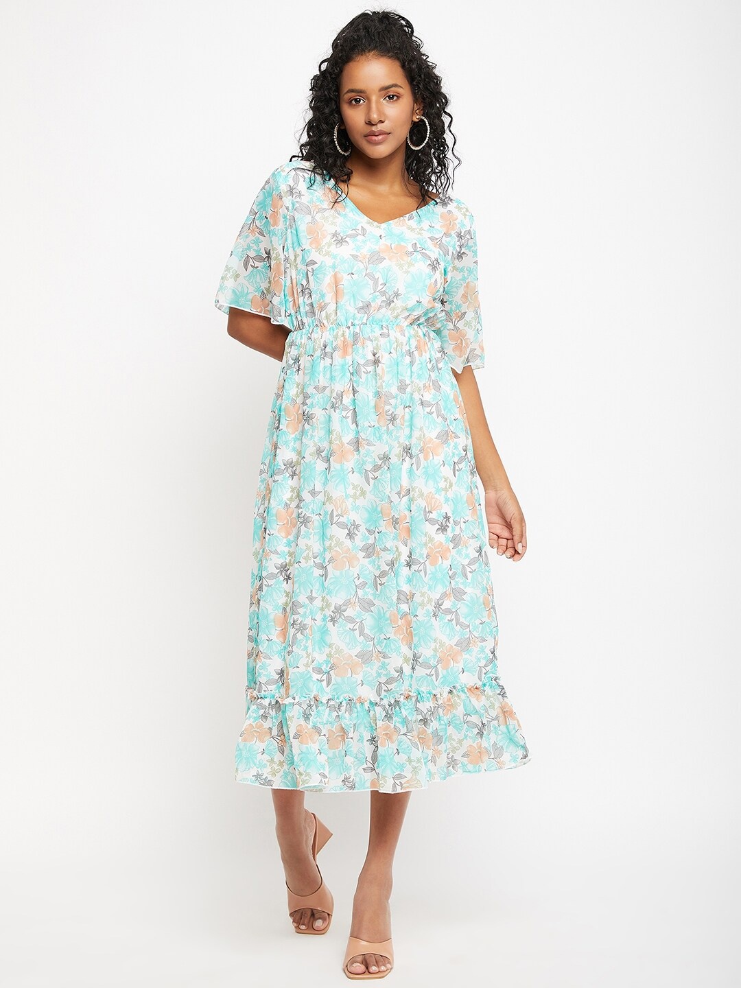 

Bitterlime Floral Printed V-Neck Flared Sleeves Flounce Fit & Flare Midi Dress, White
