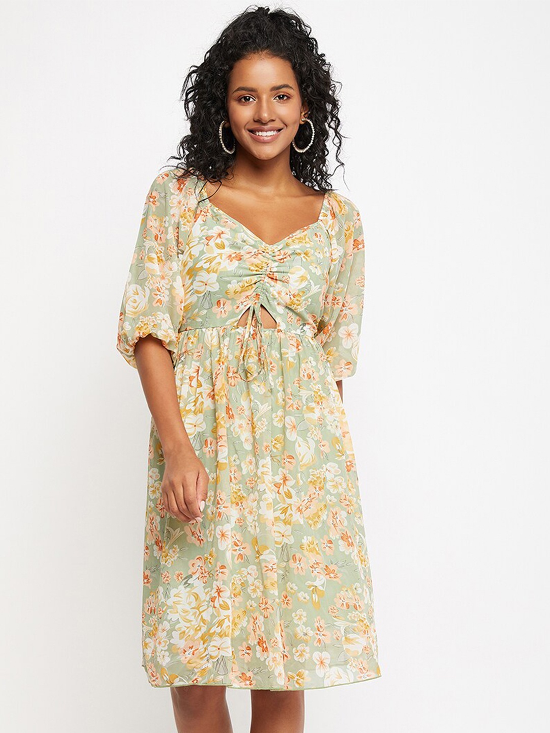 

Bitterlime Floral Printed Tie-Ups Detail Georgette Fit & Flare Dress, Sea green