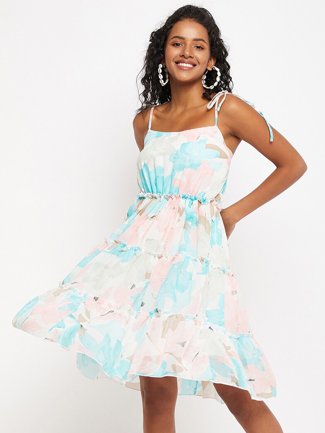 

Bitterlime Floral Printed Georgette Fit & Flare Dress, Blue