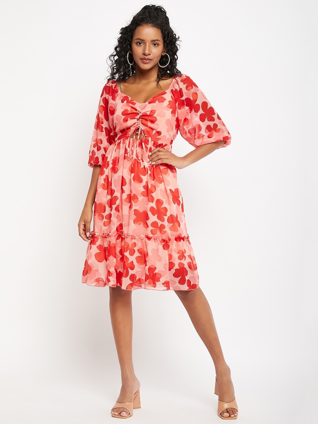 

Bitterlime Floral Printed Puff Sleeves Cut-Out Detailed Ruched Fit & Flare Dress, Red