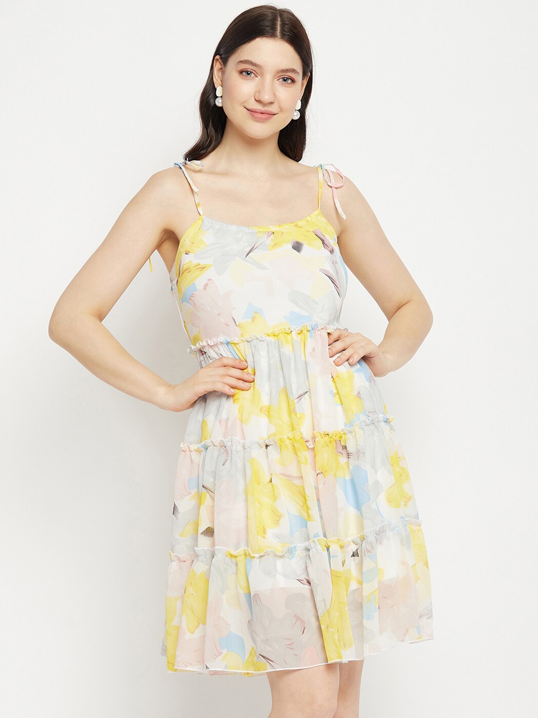 

Bitterlime Floral Printed Georgette Fit & Flare Dress, Off white