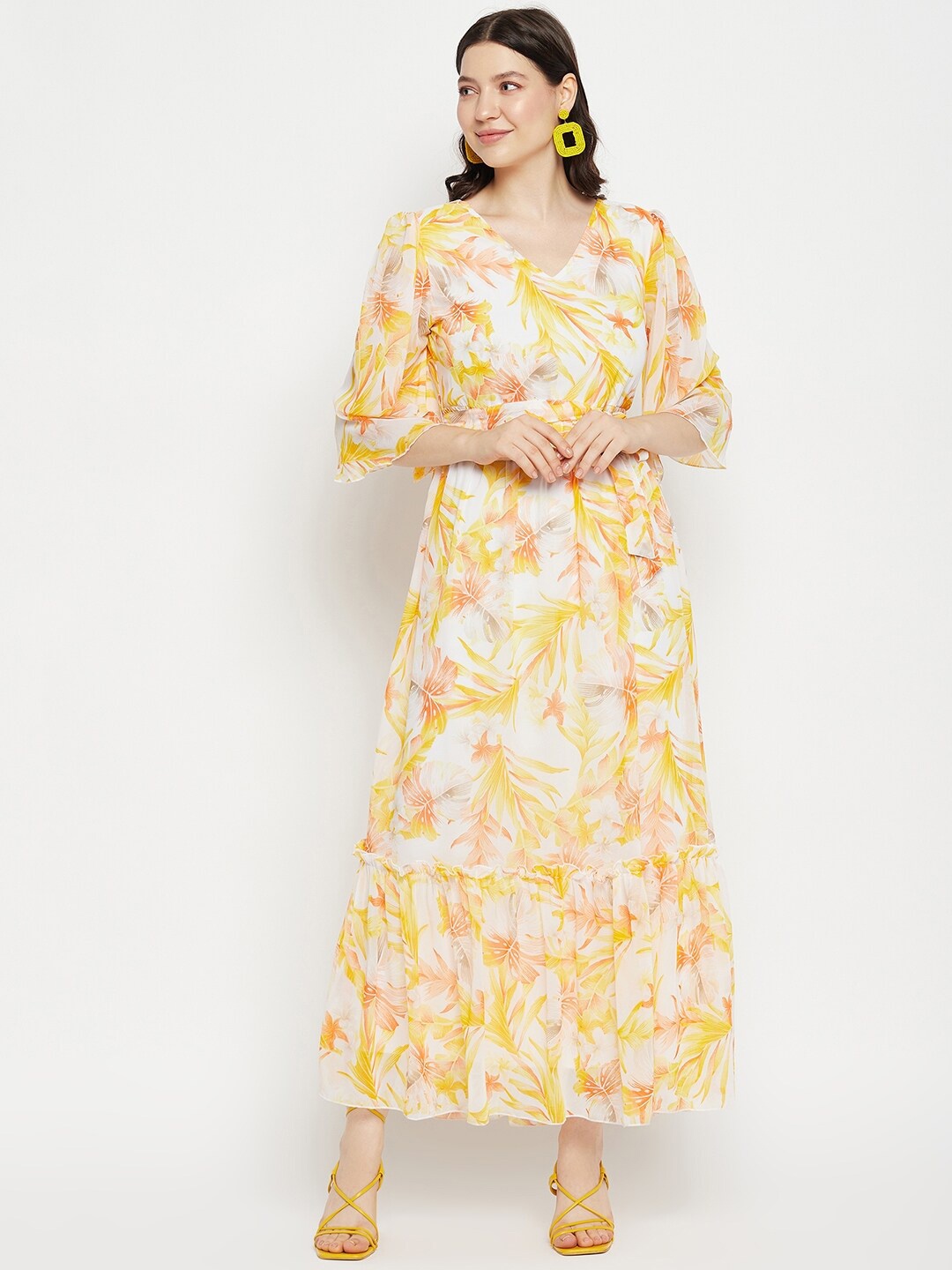 

Bitterlime Tropical Printed Georgette Maxi Dress, Mustard