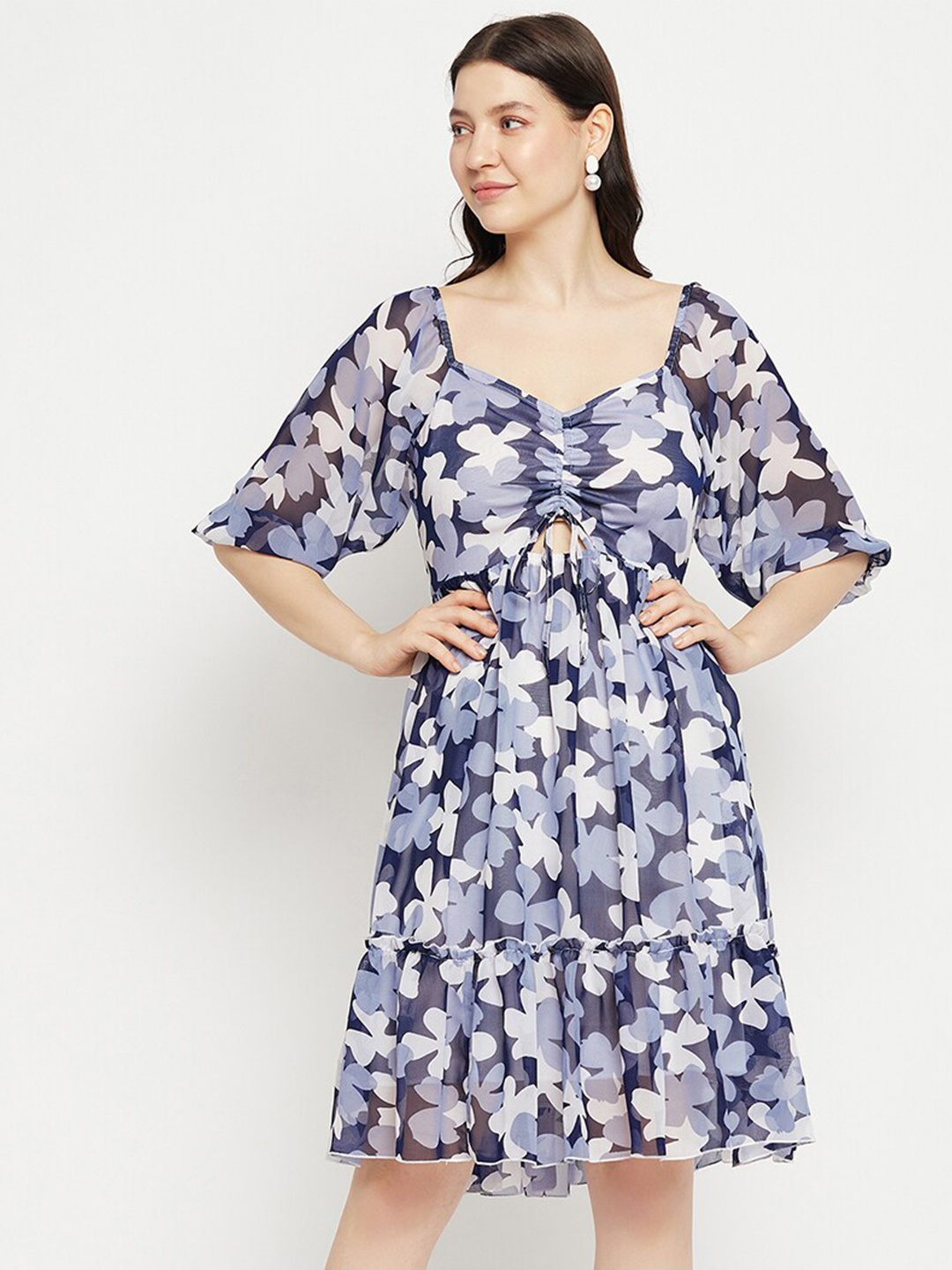 

Bitterlime Floral Printed Tie-Ups Detail Georgette Fit & Flare Dress, Navy blue