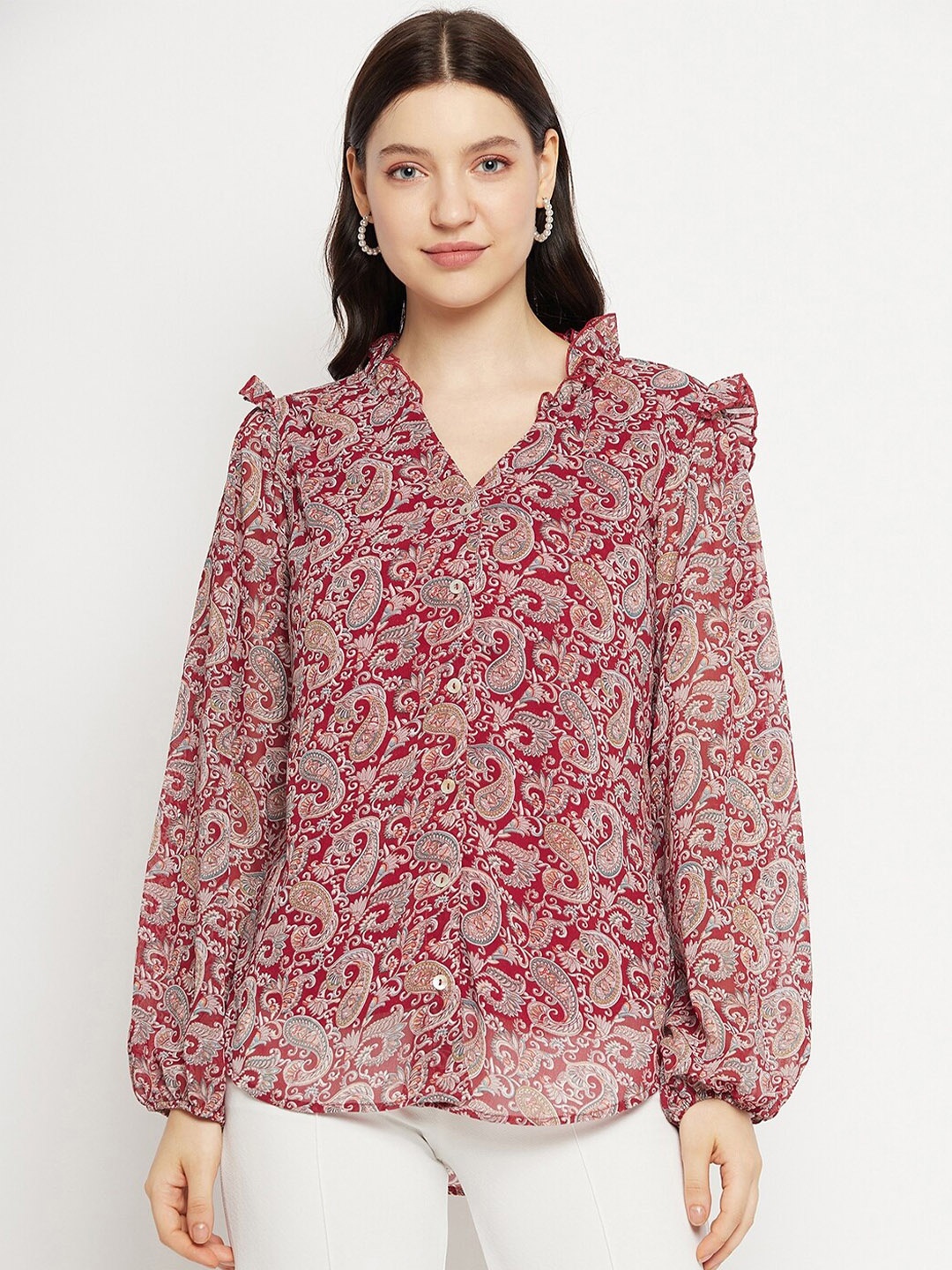 

Bitterlime Paisley Printed Smart Opaque Georgette Casual Shirt, Red