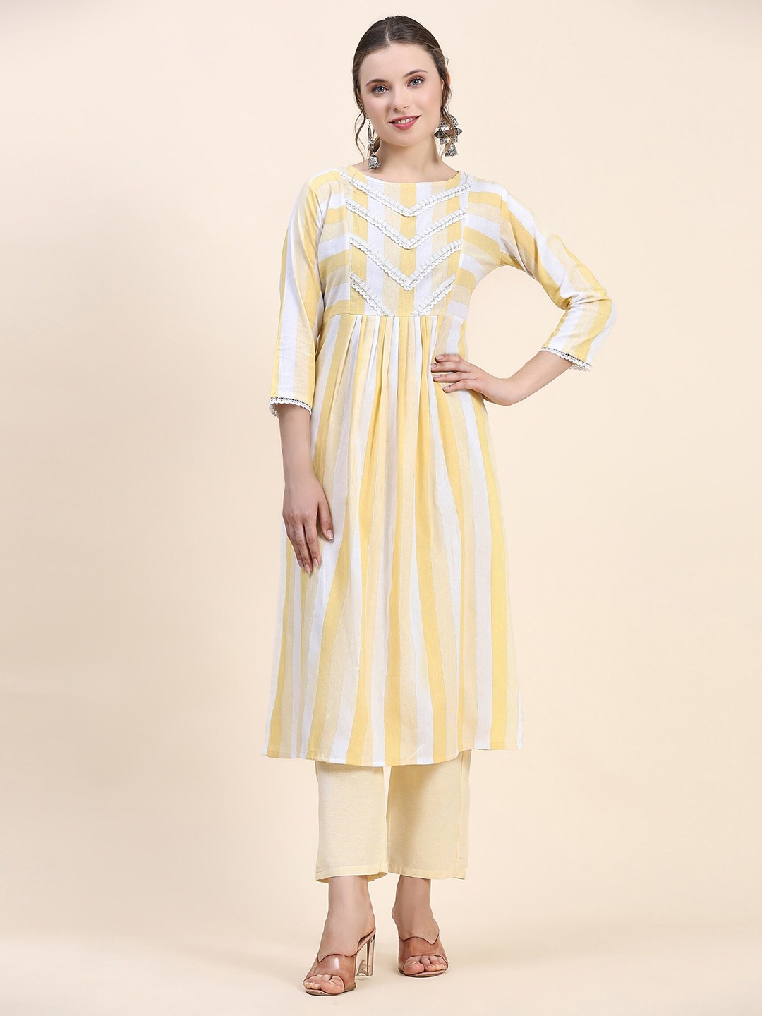

VISHNU WEAVES Striped Lace Inserts A-Line Kurta with Trousers, Yellow