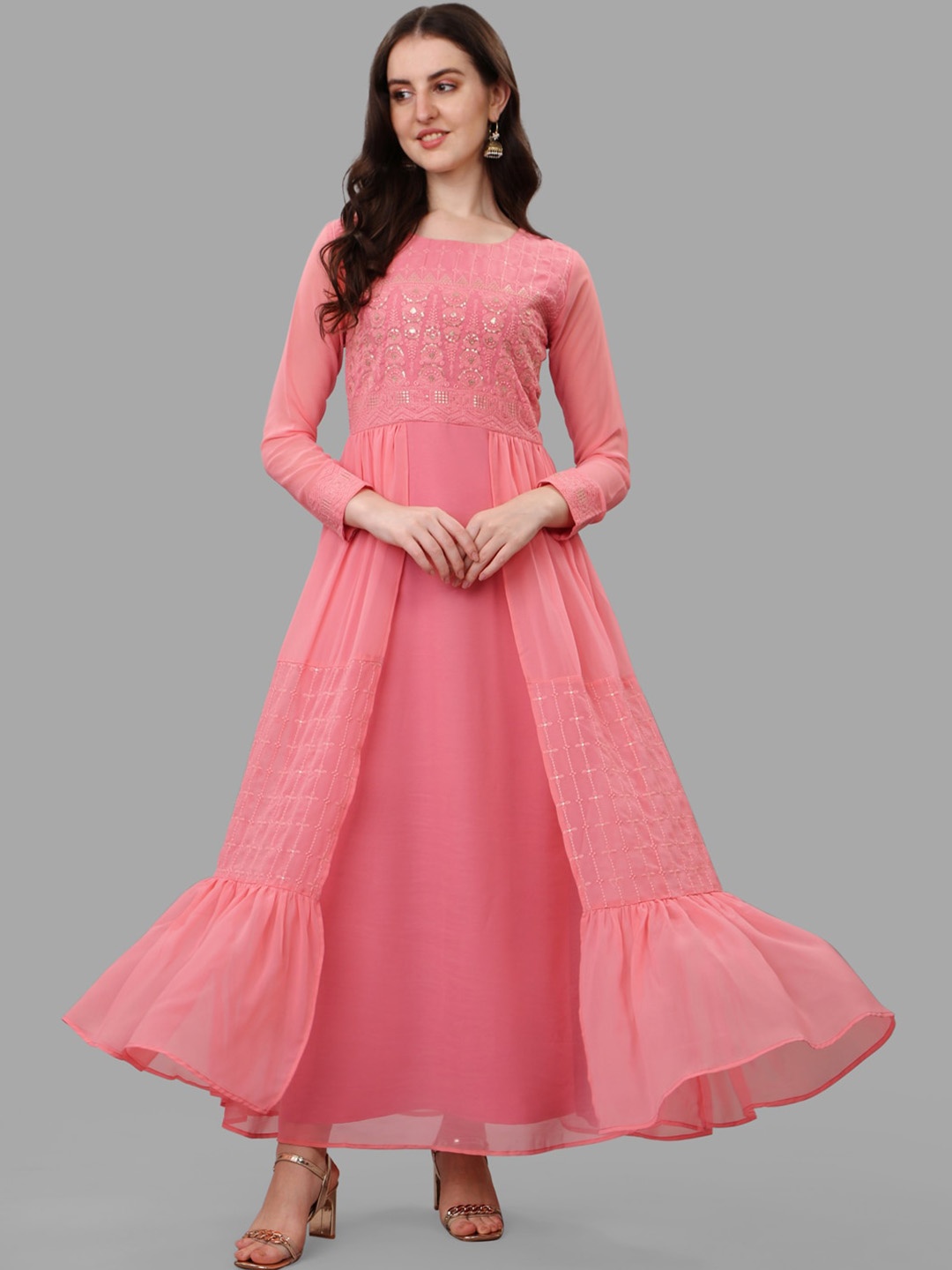 

Kinjo Ethnic Motifs Embroidered Sequinned Pure Georgette Ethnic Dress, Pink