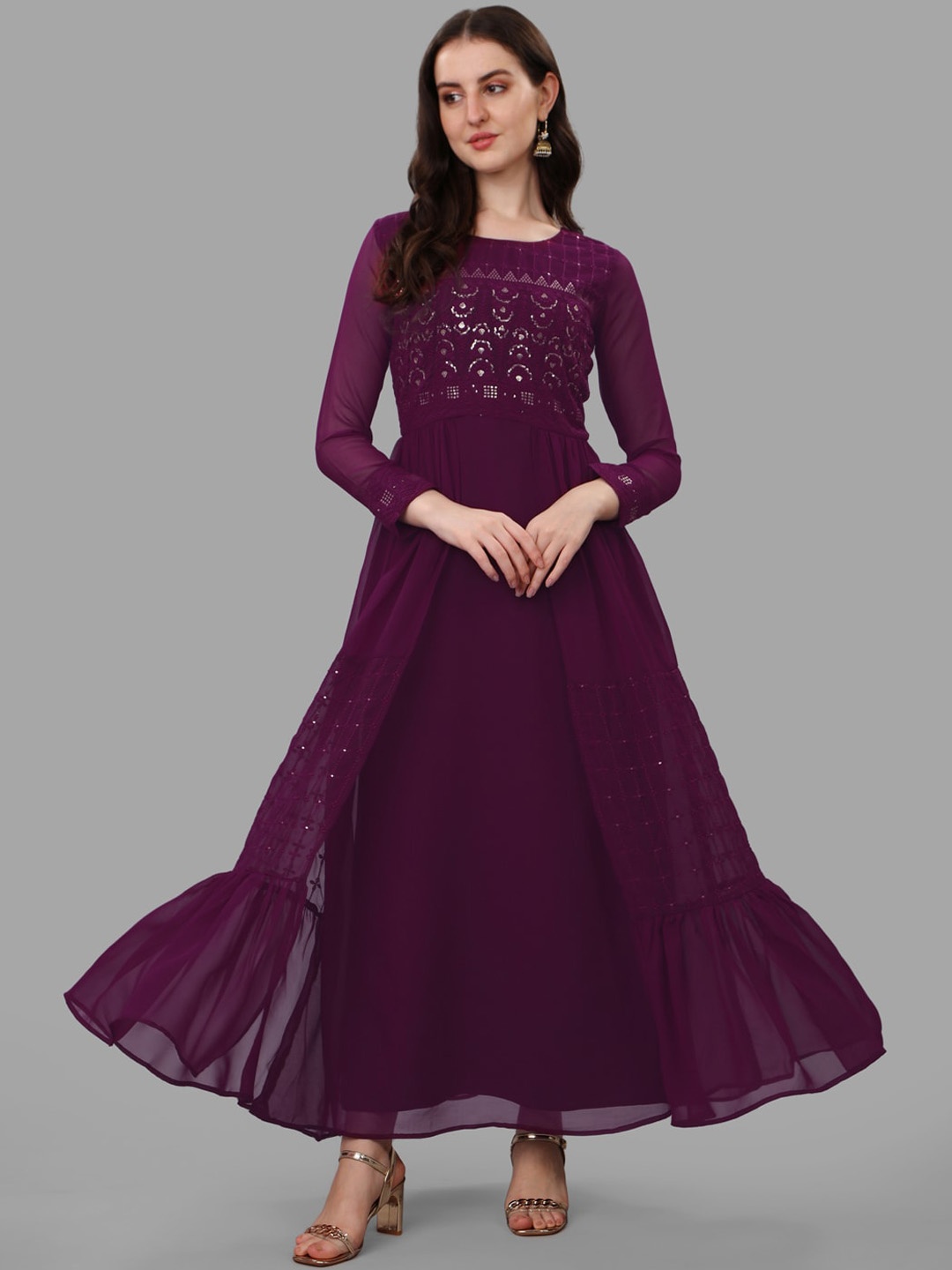 

Kinjo Ethnic Motifs Embroidered Sequinned Pure Georgette Ethnic Dress, Purple