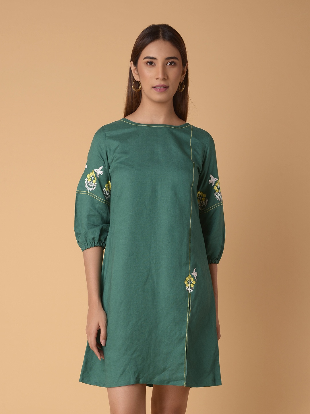 

PINKSKY Boat Neck Cuffed Sleeve Embroidered Pure Cotton A-Line Dress, Green