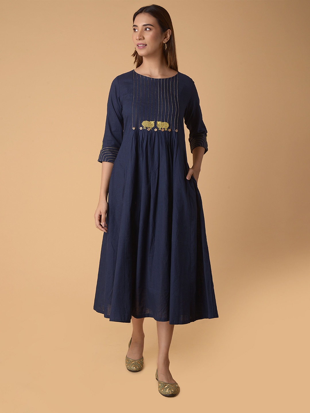 

PINKSKY Round Neck Cuffed Sleeve Embroidered Pure Cotton A-Line Midi Dress, Navy blue