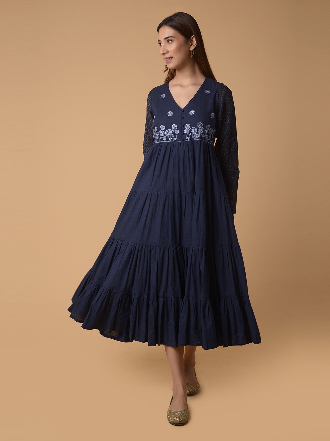 

PINKSKY V-Neck Long Sleeve Embroidered Tiered Pure Cotton A-Line Midi Dress, Navy blue