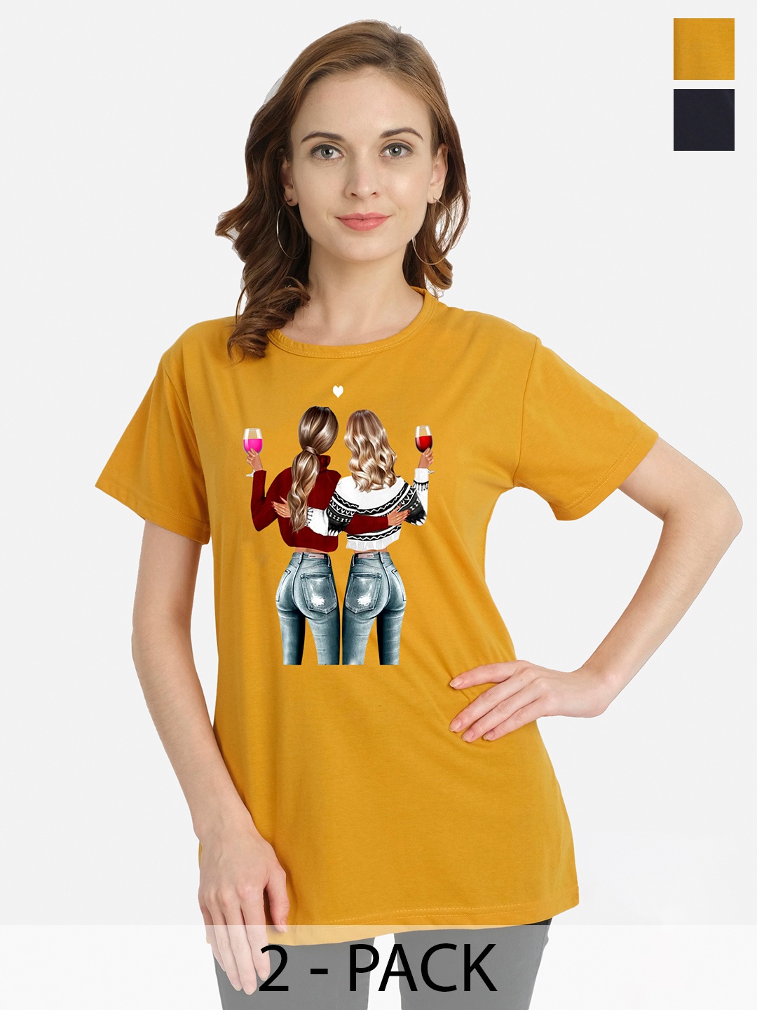 

CHOZI Pack Of 2 Printed Cotton T-shirt, Mustard