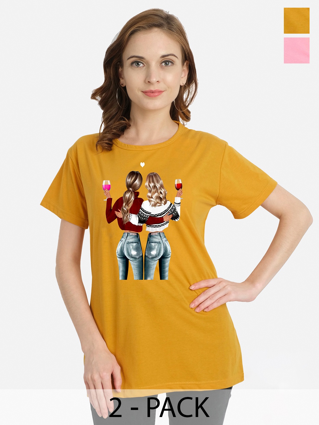 

CHOZI Pack Of 2 Printed Cotton T-shirt, Mustard