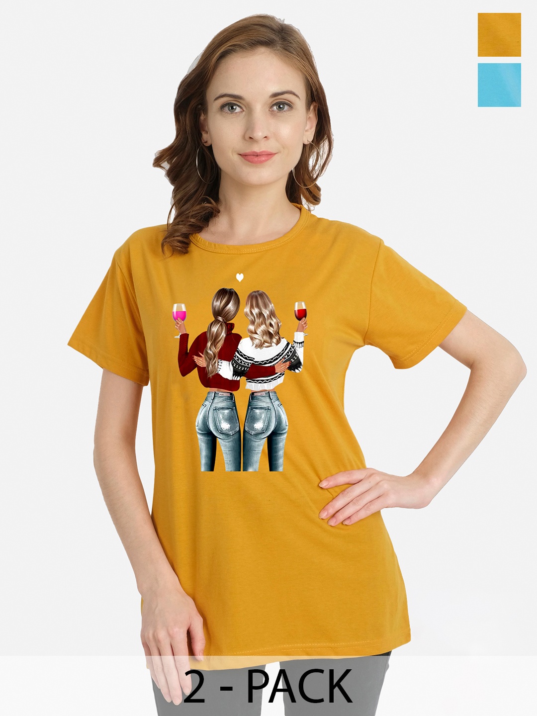 

CHOZI Pack of 2 Graphic Printed Cotton T-shirt, Mustard