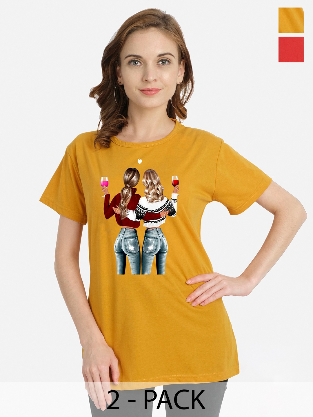

CHOZI Pack of 2 Graphic Printed Cotton T-shirt, Mustard